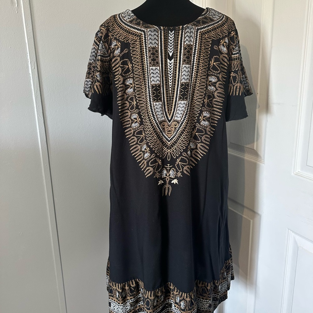 Apogee Dashiki African Dress Black Gold Pattern Made in India XL Women's Size